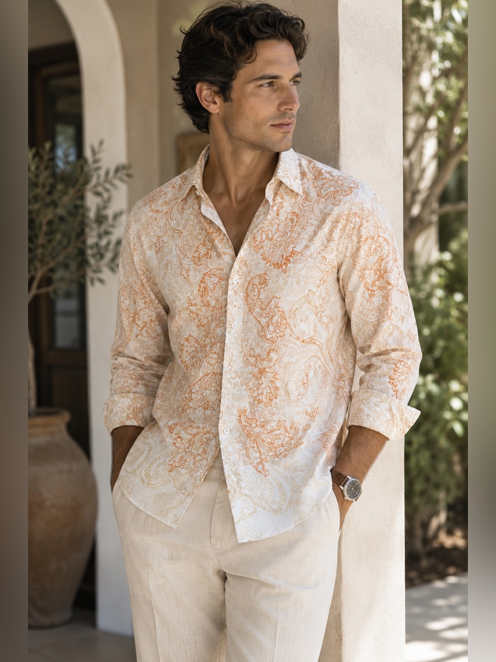Sz XL Bugatchi Orange & White Embroidered Paisely Print Dress Shirt $89 MSRP